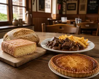 Table with Maroilles cheese and bread, a plate of carbonade flamande with fries, and a tarte au sucre, in a sunlit rustic northern French restaurant.