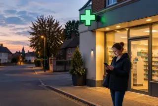 Personne tenant son téléphone devant une pharmacie éclairée dans une rue calme, le soir.